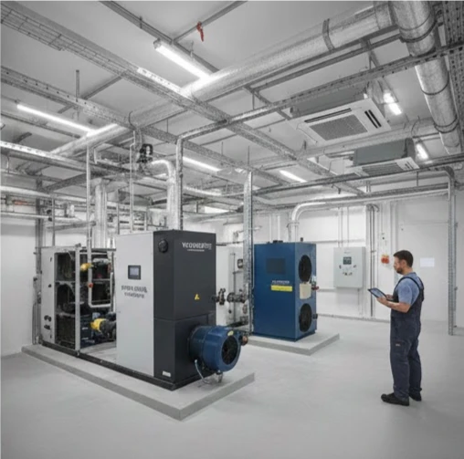 Αντλίες θερμότητας επαγγελματικού τύπου σε μηχανοστάσιο για θέρμανση/ψύξη επιχείρησης – Εξοικονομώ Επιχειρώ